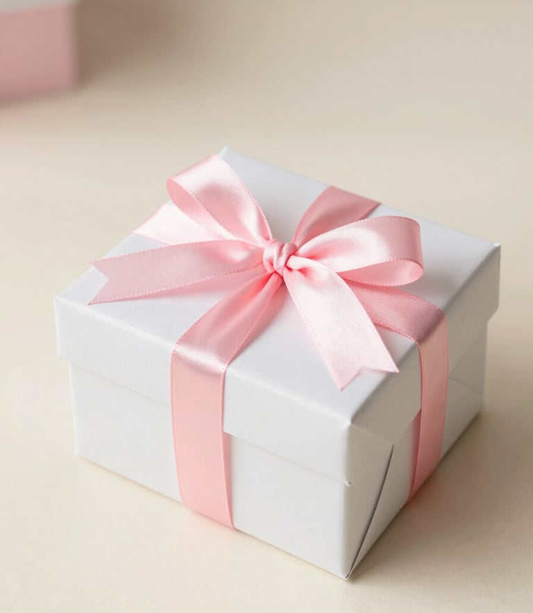 Bright editorial photography, soft natural daylight, a closed white gift box wrapped in an elegant pink ribbon sitting on a cream surface, shallow depth of field.