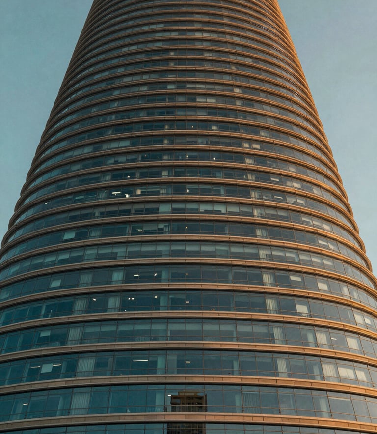 Low-angle heroic architectural shot of Port Baku Towers facade during golden hour, glass reflecting warm light, sharp detail, 35mm