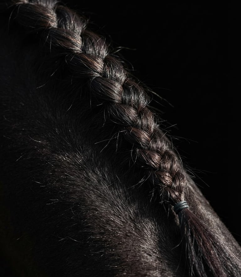 Extreme close-up of a perfectly braided horse mane, high-contrast side lighting, deep black background, sharp focus on hair texture, 85mm lens