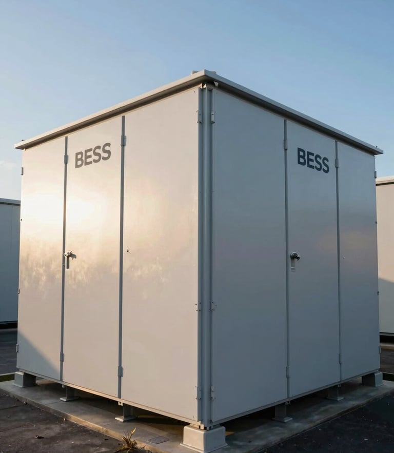 Symmetrical wide-angle shot of the Otahuhu BESS battery storage enclosures under clear morning daylight, displaying clean metallic textures of the utility infrastructure.