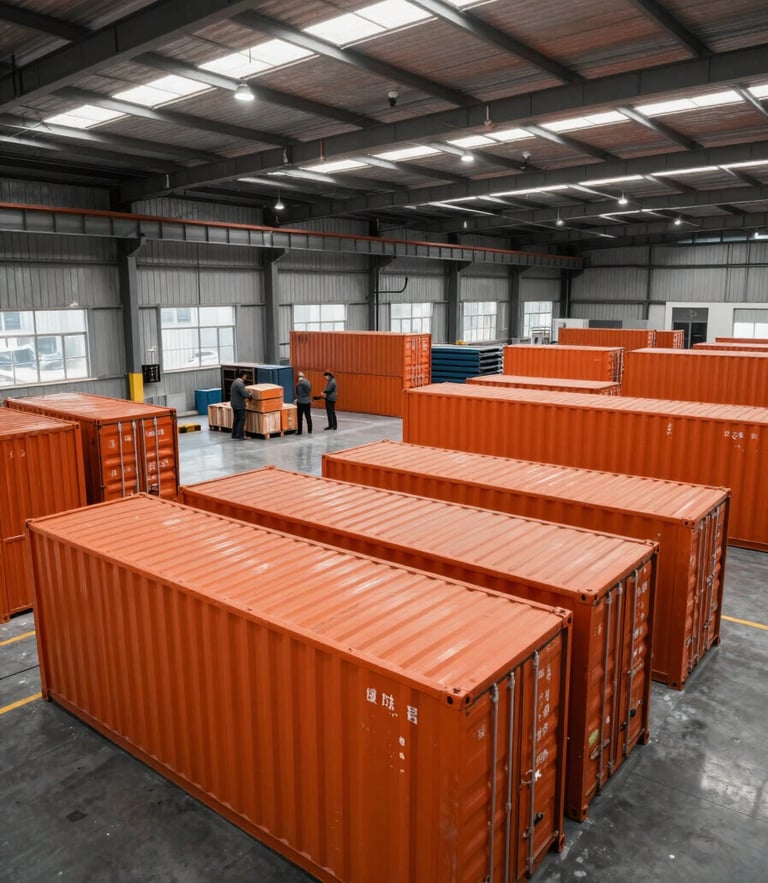 Wide-angle view of a clean warehouse interior in Yiwu, high-contrast industrial lighting, orange cargo containers stacked neatly, workers in the background organizing crates.