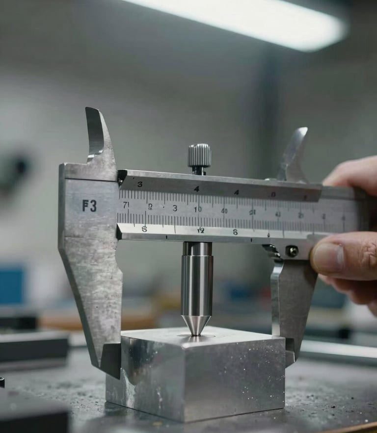 Macro close-up of heavy steel calipers measuring a precision-milled aluminum block on a workshop table, cool fluorescent overhead lighting, shallow depth of field.