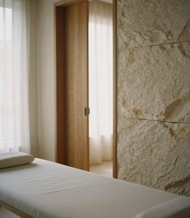 A serene minimalist treatment room with soft morning light, showing a glimpse of a wooden screen and stone textures, 35mm