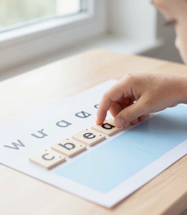 Close-up of a child's finger tracking phonics tiles on a wooden desk, bright natural window light, shallow depth of field, 35mm