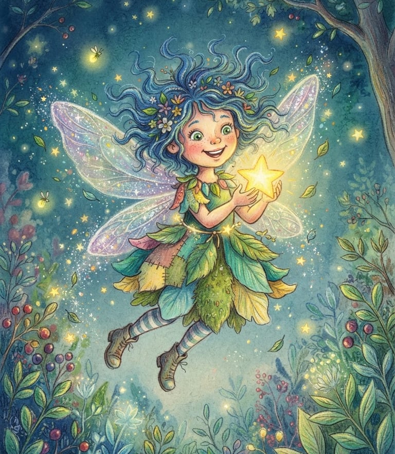 Whimsical children's book illustration of Felicitas Funkelstern, a cheerful little fairy with messy blue hair and sparkling wings, holding a glowing yellow star, textured paper background