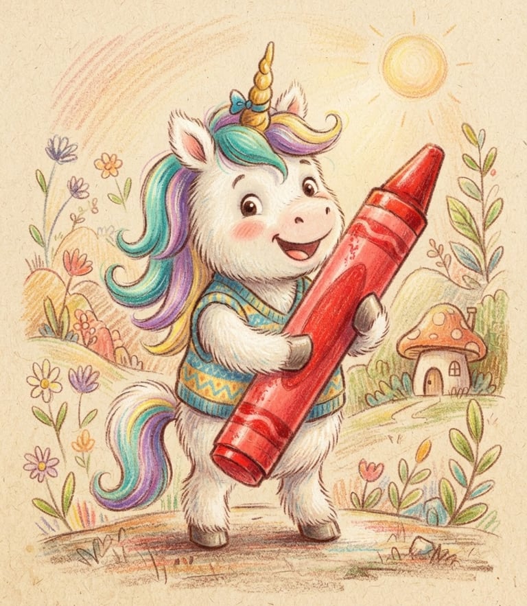 Whimsical children's book illustration of Kalle Knickhorn, a friendly unicorn with a bent horn, holding a giant red crayon, warm textured paper background