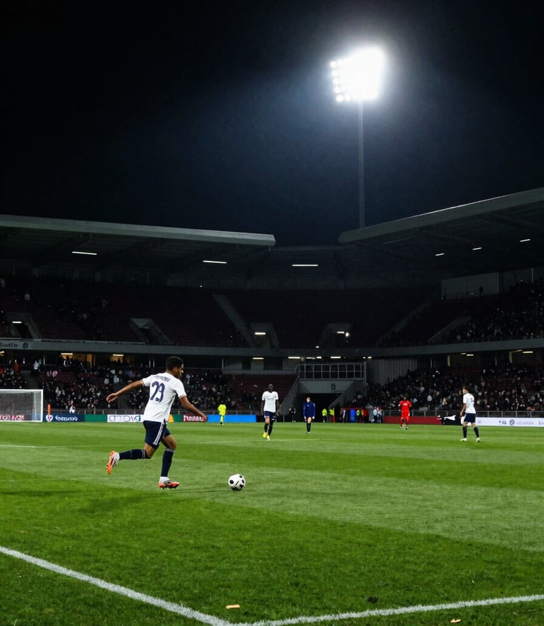 Dynamic sports photography, high-contrast stadium floodlights illuminating a green pitch, dramatic dark atmosphere, wide angle