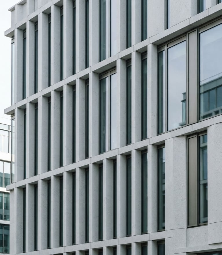Crisp architectural detail of a modern limestone building facade, sharp geometric lines, bright natural daylight, desaturated cool tones