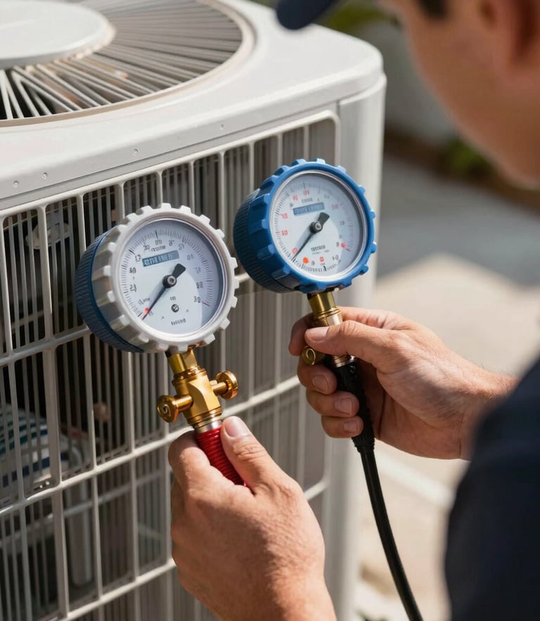 Tight macro shot of a certified HVAC technician using a digital manifold gauge to check refrigerant levels on an outdoor condenser unit in bright Florida sunlight.