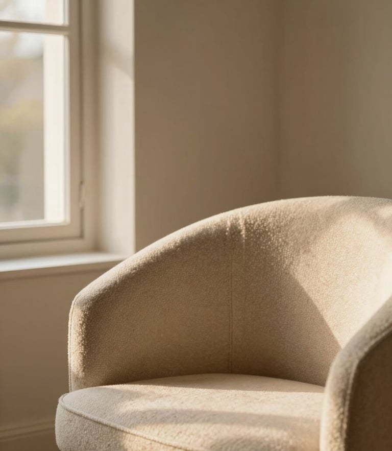 Close-up of a styled warm neutral living room corner with bouclé chair, golden-hour window light casting soft shadows, 35mm editorial photography