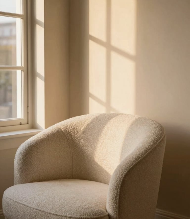 Elegant interior corner with a bouclé chair, warm golden-hour window light casting soft shadows on a beige plaster wall, 35mm photography