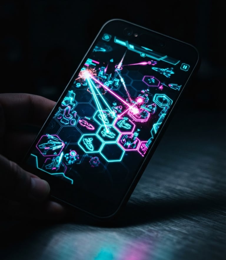 Close-up of a high-end mobile phone displaying vibrant, neon-lit gameplay of a mid-core strategy game, glowing cyan and magenta light reflecting on a dark metallic surface, shallow depth of field.