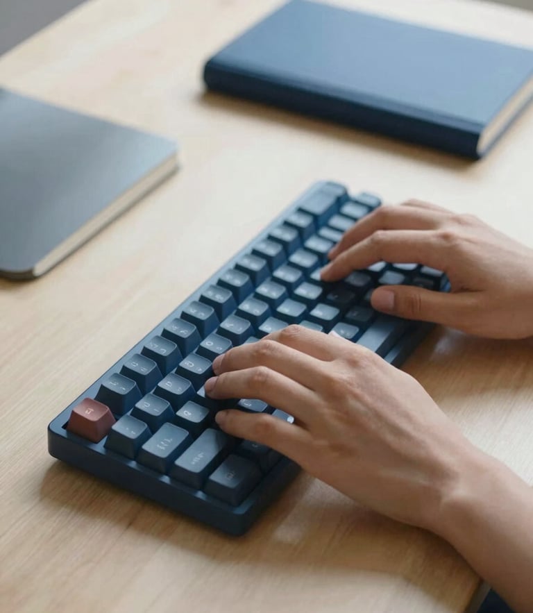 Close-up of hands typing on a minimalist mechanical keyboard on a sunlit wooden desk, deep blue notebook nearby, soft natural daylight, 35mm