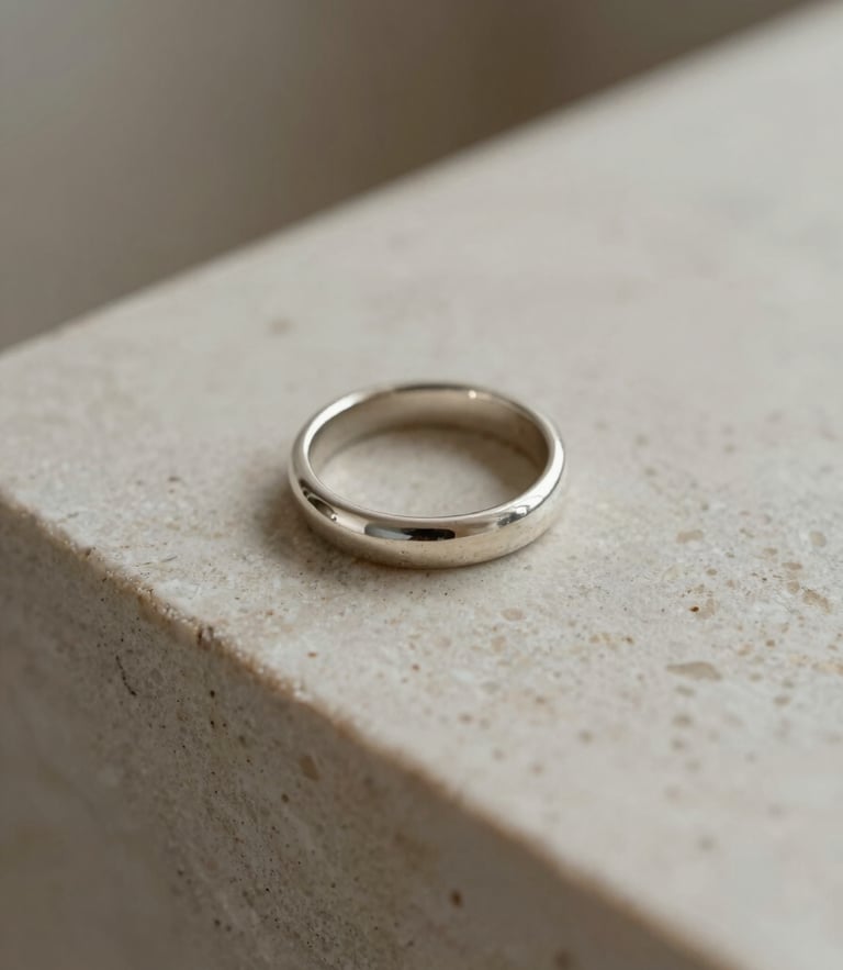 Architectural close-up of a silver structural ring on a travertine stone block, soft natural side-light, muted neutral tones, macro lens, shallow depth of field