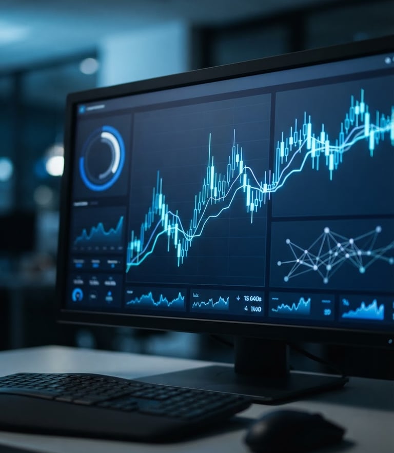 Close-up of clean analytical dashboard on a screen with sharp glowing metrics, cool blue undertones, shallow depth of field, 35mm