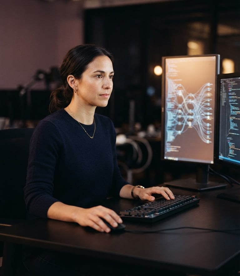 Minimalist editorial portrait of a modern tech professional analyzing data pathways, dual monitors, soft diffused warm-amber ambient glow, 35mm