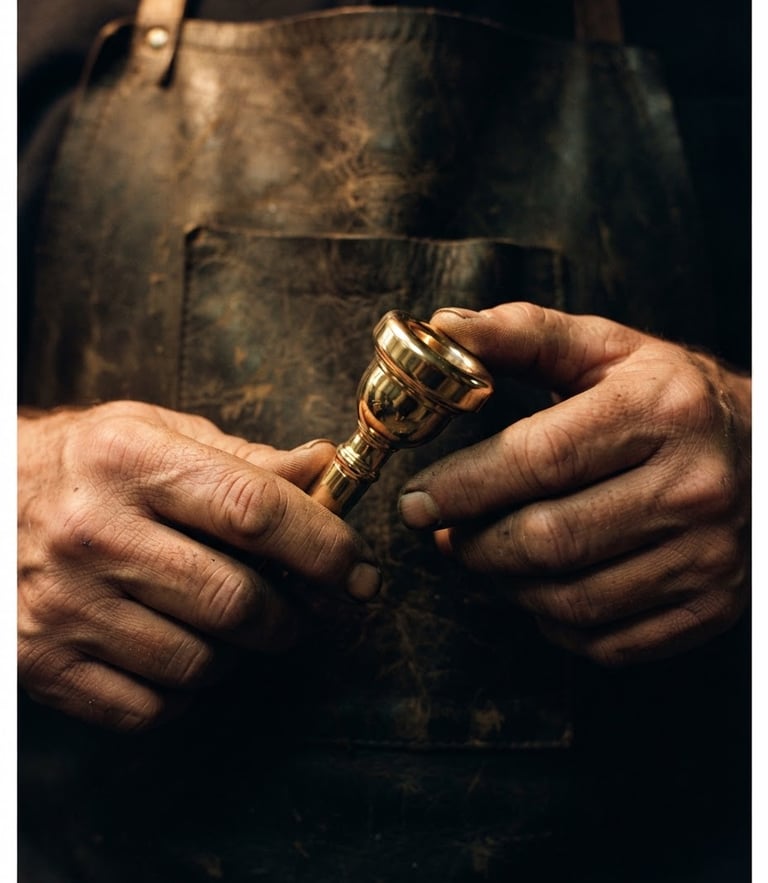 Macro shot of calloused hands holding a gleaming brass French horn mouthpiece against a dark leather apron, moody directional lighting, high contrast, 35mm.