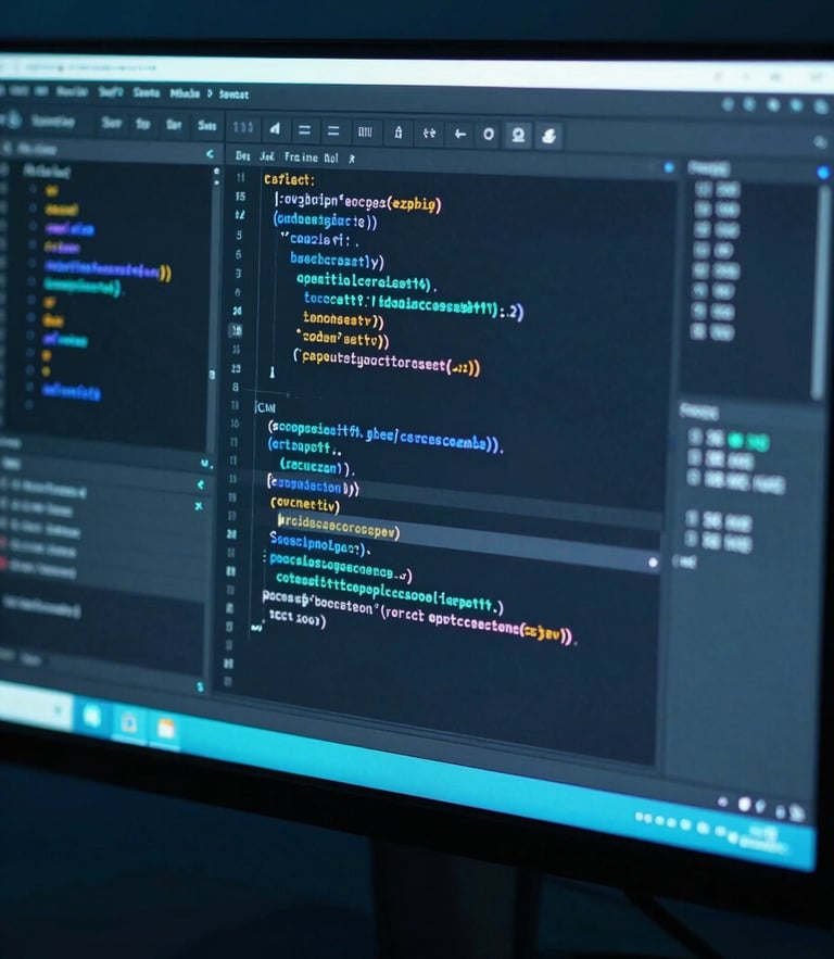 Close-up of a clean code editor on a monitor with neon blue and teal ambient glow, sharp focus, cinematic 35mm photography