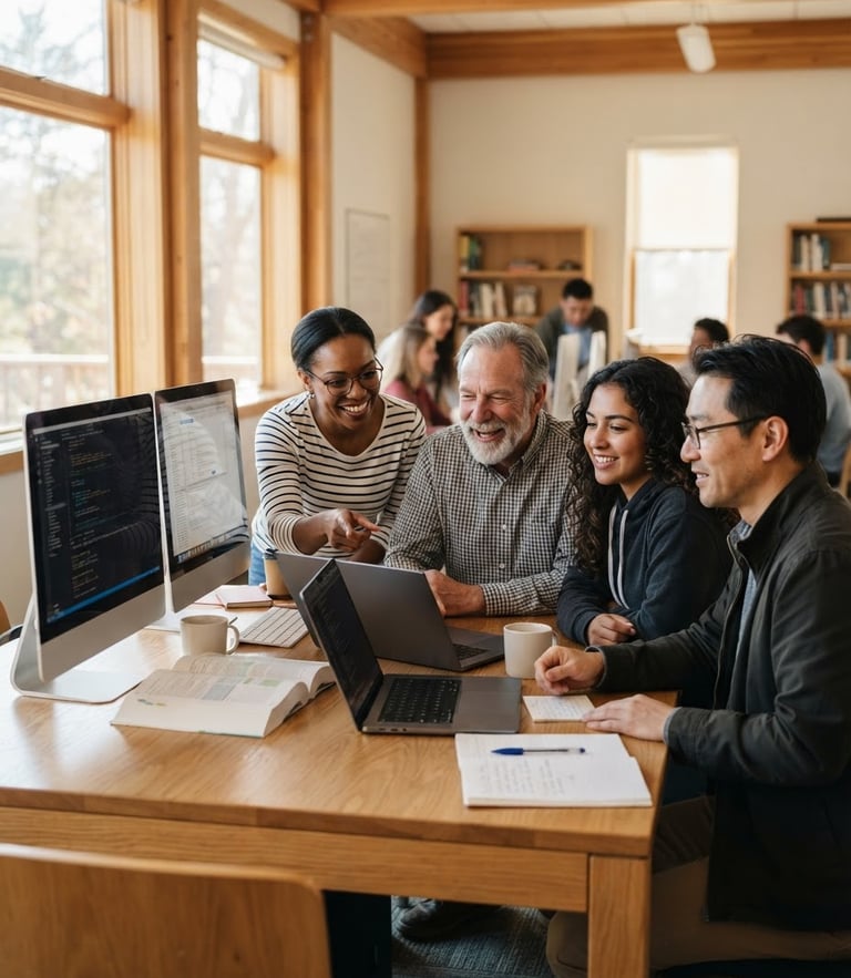 A warm, bright classroom with adult students of diverse ages smiling and collaborating around a modern computer desk, natural window light, shallow depth of field