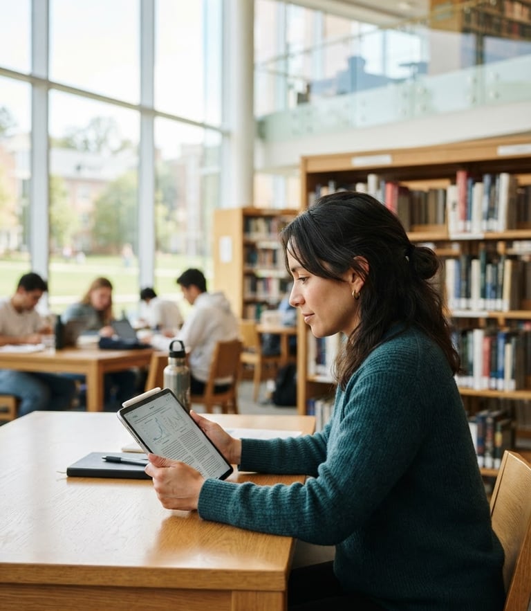 A professional adult student holding a tablet in a bright, modern university library, natural daylight streaming through large windows, shallow depth of field