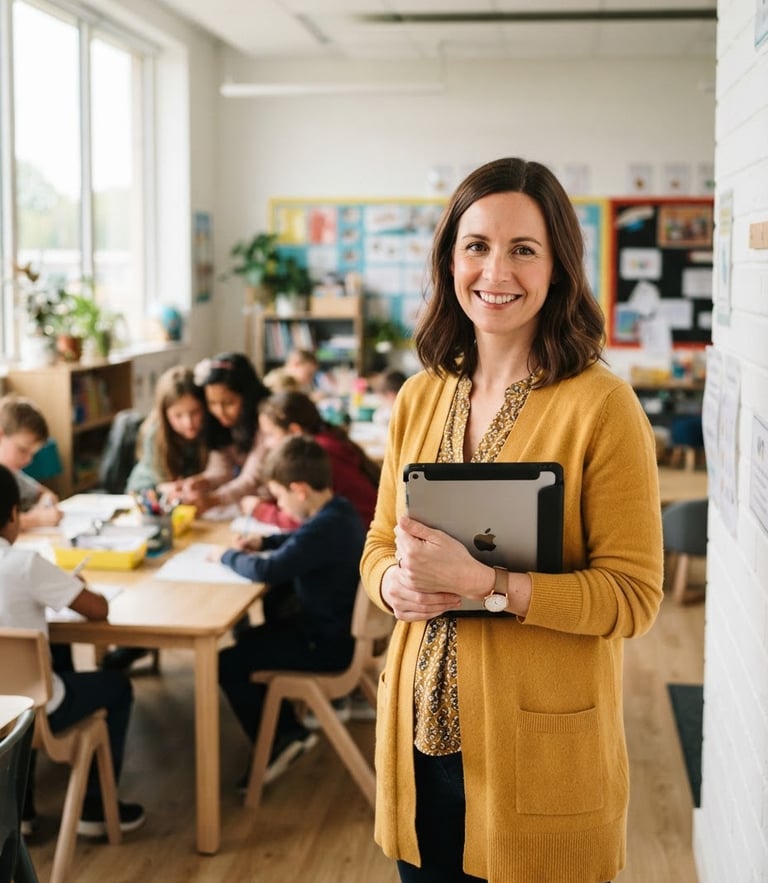 A warm professional female teacher in a bright modern classroom, smiling directly at the camera, holding a tablet, natural daylight, soft focus background with students working.