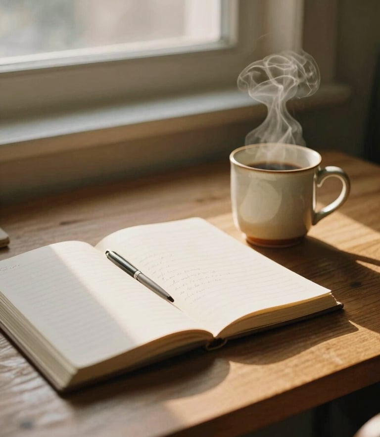 A quiet, atmospheric scene of a wooden writing desk at golden hour, an open notebook with elegant handwriting, a warm ceramic mug with steam rising, soft window light, shallow depth of field, 35mm film style.