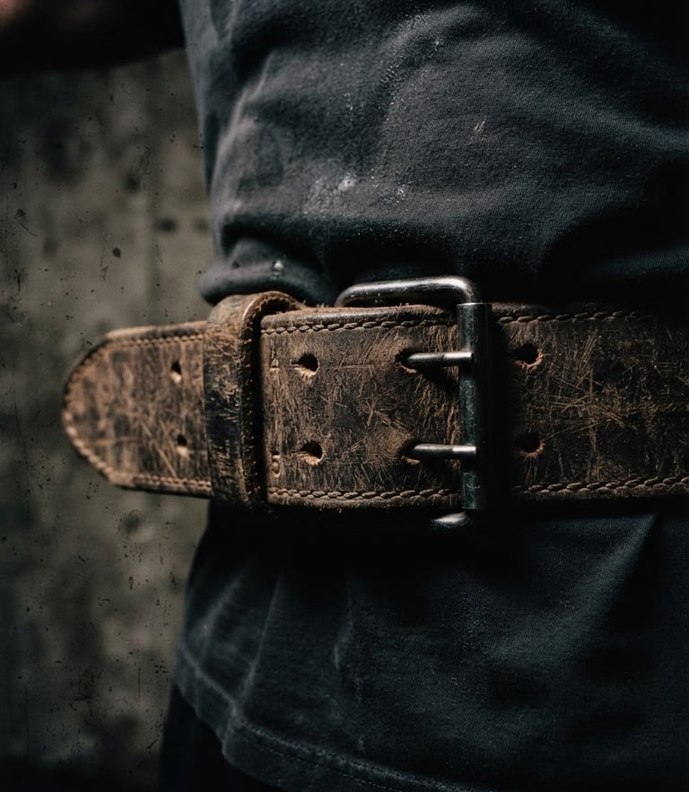 Close-up of heavily textured 10mm leather weightlifting belt with a steel buckle, dramatic side-shadows, raw concrete background, gritty athletic photography