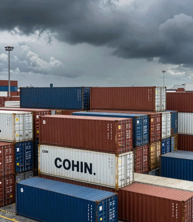 Structured overhead view of shipping containers stacked at Cochin port, dramatic monsoon sky, high contrast, industrial composition.