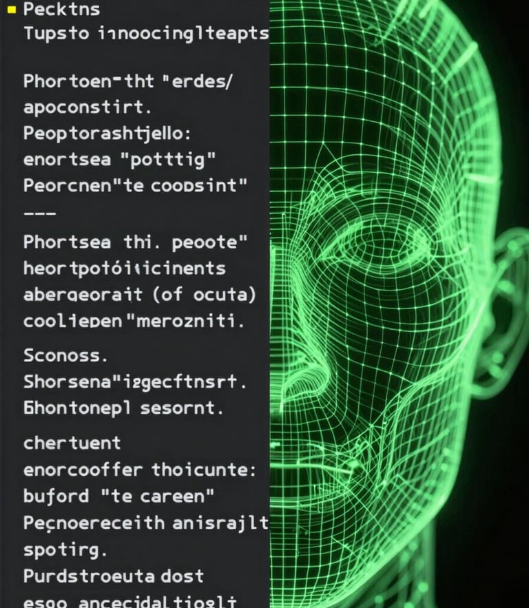 Macro split-screen interface showing raw monospace text prompts on the left and a highly refined, glowing cyber-green vector wireframe on the right, dark studio lighting.