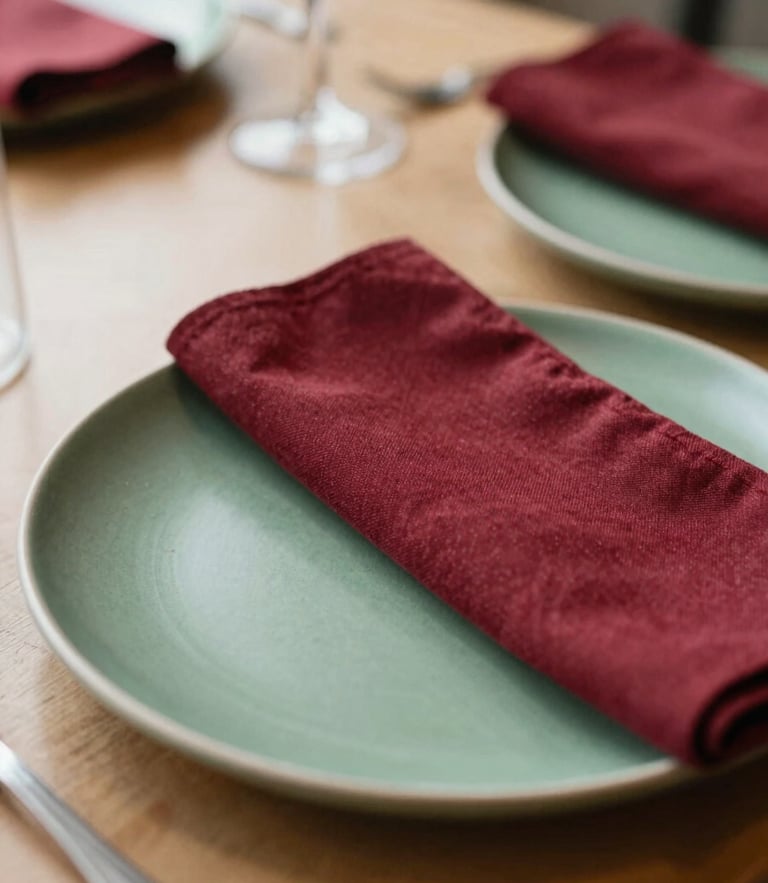 First-person perspective of a warm Scandinavian restaurant table, soft natural morning light, matte forest green ceramic plates, rich crimson linen napkin, shallow depth of field, 35mm photography