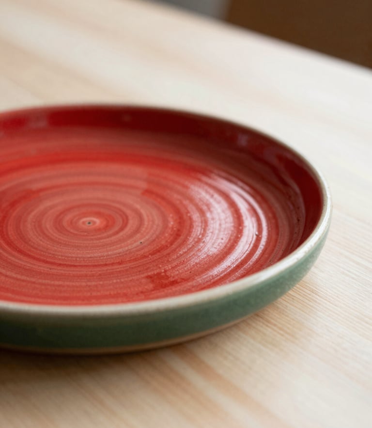 Close-up of a rustic ceramic plate on a light wood table, soft natural Scandinavian daylight, crimson accents, shallow depth of field, 35mm photography