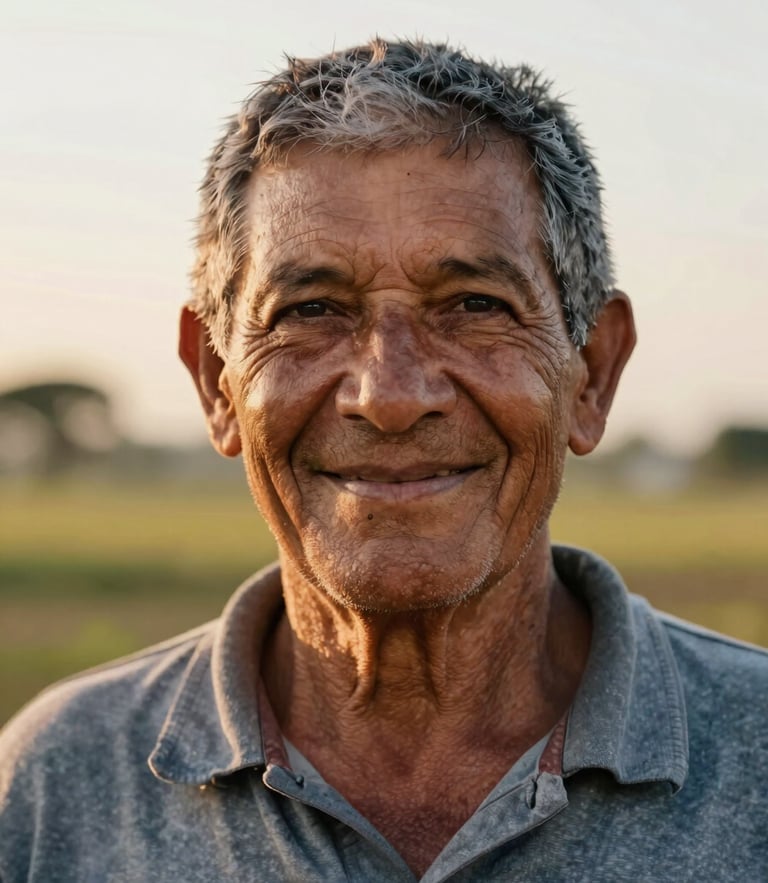 Dignified close-up portrait of an elderly Brazilian rural worker smiling, soft natural golden hour light, warm background, authentic and reassuring