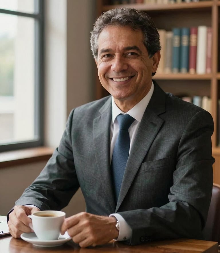 Warm environmental portrait of a Brazilian lawyer in his 40s, smiling warmly, soft natural window light, sitting at a wooden table with a cup of coffee, background soft-focus bookshelves, no cold marble.