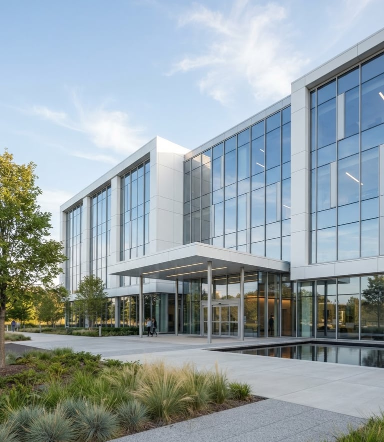 Modern minimalist healthcare facility exterior with clean glass panels reflecting bright cool daylight, sharp focus, architectural photography, blue and white tones