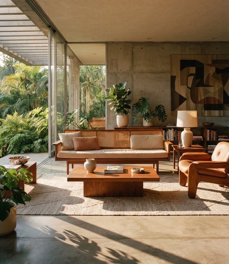 Warm editorial photography of a modernist Brazilian living room, concrete walls, jacaranda wood furniture, soft natural afternoon light casting long shadows on the floor, 35mm