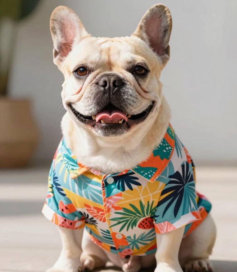 A happy French Bulldog wearing a colorful tropical print shirt, sitting proudly, bright commercial pet photography, warm natural daylight, shallow depth of field