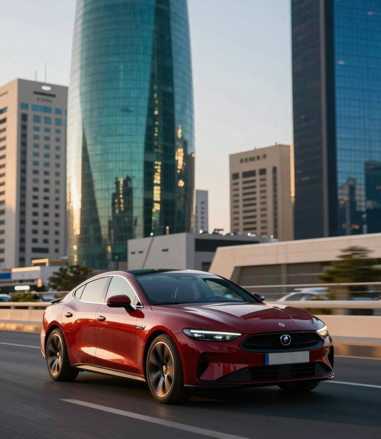 Sleek modern luxury car driving through Kuwait City during golden hour, sharp architectural background, reflections of high-contrast urban daylight