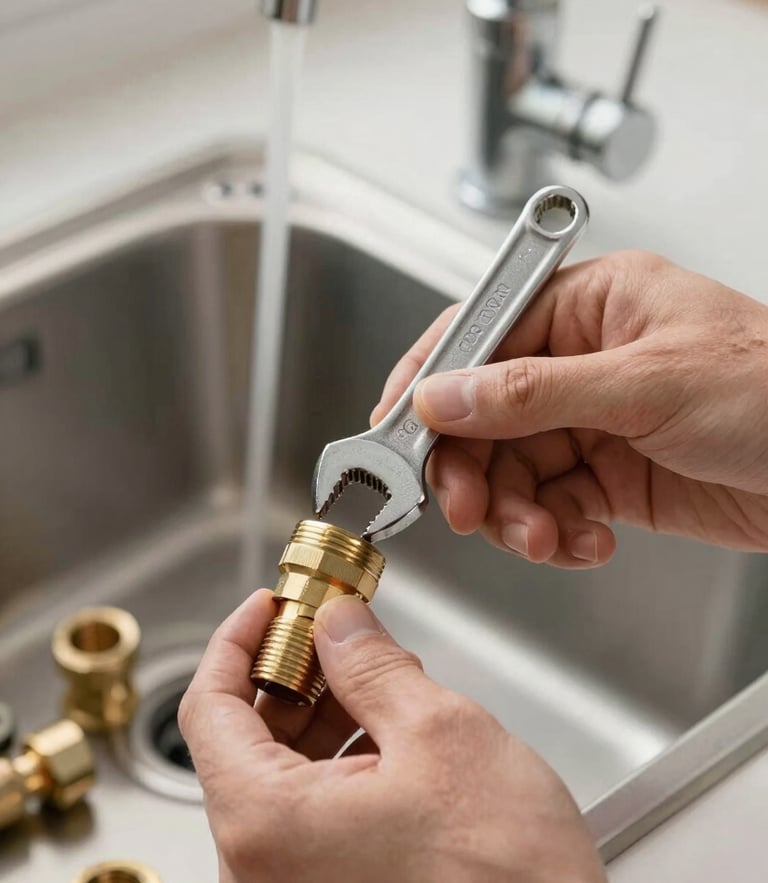 Close-up of clean hands using a steel spanner on brass pipe fittings under a modern kitchen sink, organized technical tools visible in the soft background, natural light.