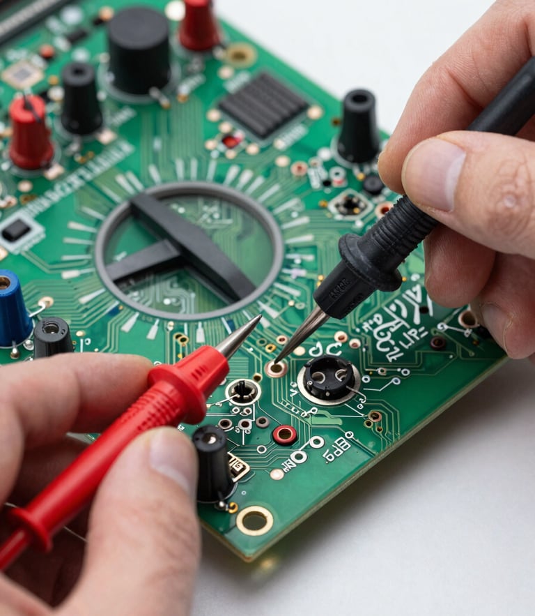 Macro close-up of a digital multimeter testing a complex green circuit board, clean hands holding test probes, bright natural light, technical focus.