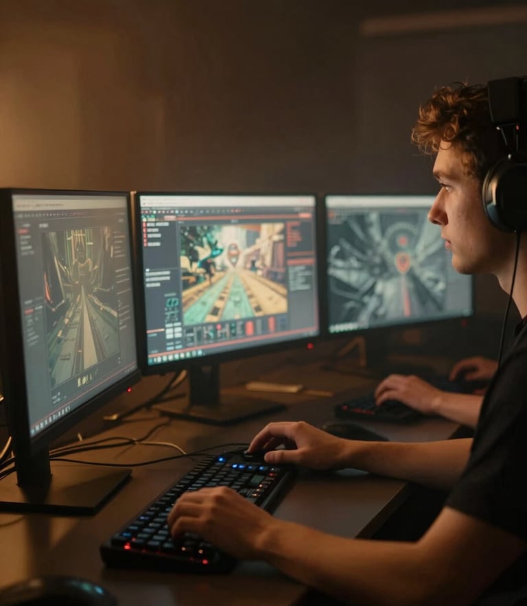 Close-up of game developers at dual-monitor workstations in a dark room, dramatic chiaroscuro amber rim lighting, moody atmospheric fog, 35mm