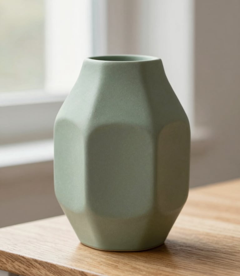 Macro photograph of a matte sage green geometric vase on a sunlit oak shelf, showing flawless micro-layer textures, soft natural window light, 50mm lens