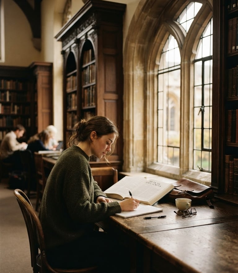 A student engaged in quiet study by a large arched window, warm natural light, classical library setting, rich muted tones, 35mm photography