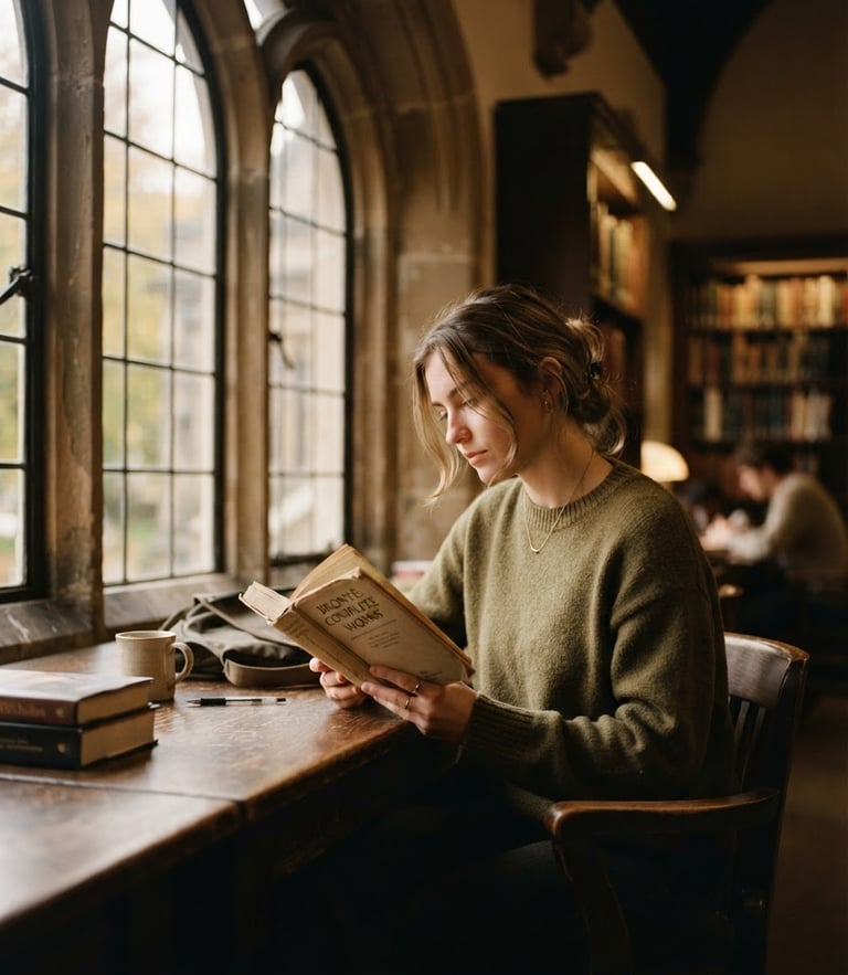 A thoughtful young student reading a book by a large arched window, warm natural light illuminating the page, soft focus, rich muted academic tones.