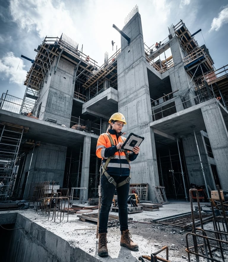 Low-angle architectural photography of a modern concrete structure under construction, an engineer in safety gear holding a digital tablet in the foreground, high contrast daylight, sharp steel blue tones.