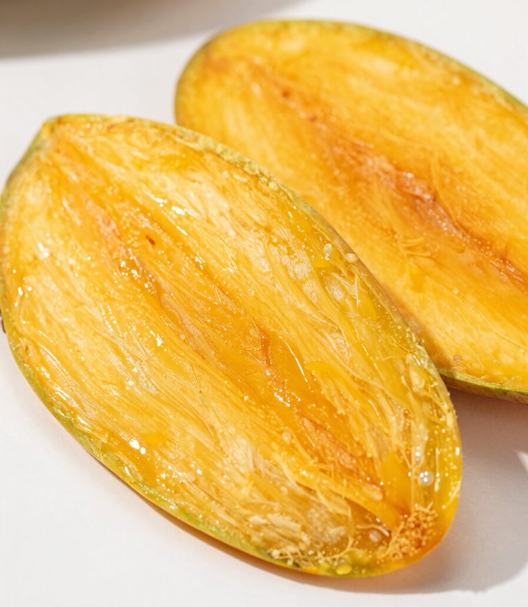 Vibrant macro photography of perfectly sliced dehydrated mangoes on a clean white surface, bright natural daylight, sharp focus on fiber texture, 50mm lens