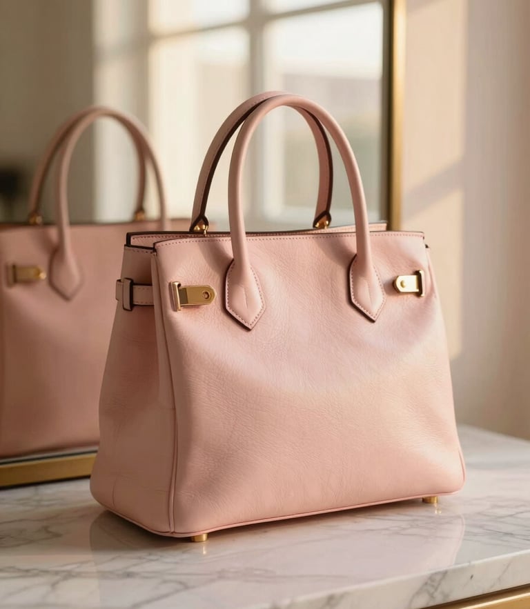 Close-up of a luxury leather handbag resting on a polished marble surface, soft warm golden-hour window light reflecting in a background mirror, romantic editorial photography