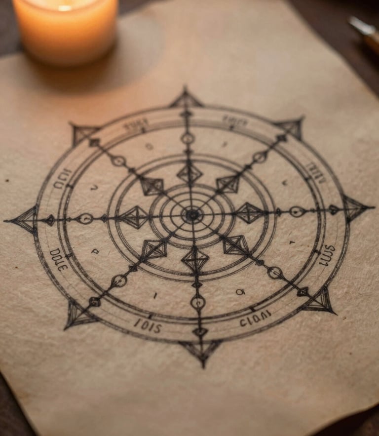 Macro close-up of a hand-drawn geometric Kundli diagram in black ink on textured, aged parchment paper, illuminated by soft warm candlelight.