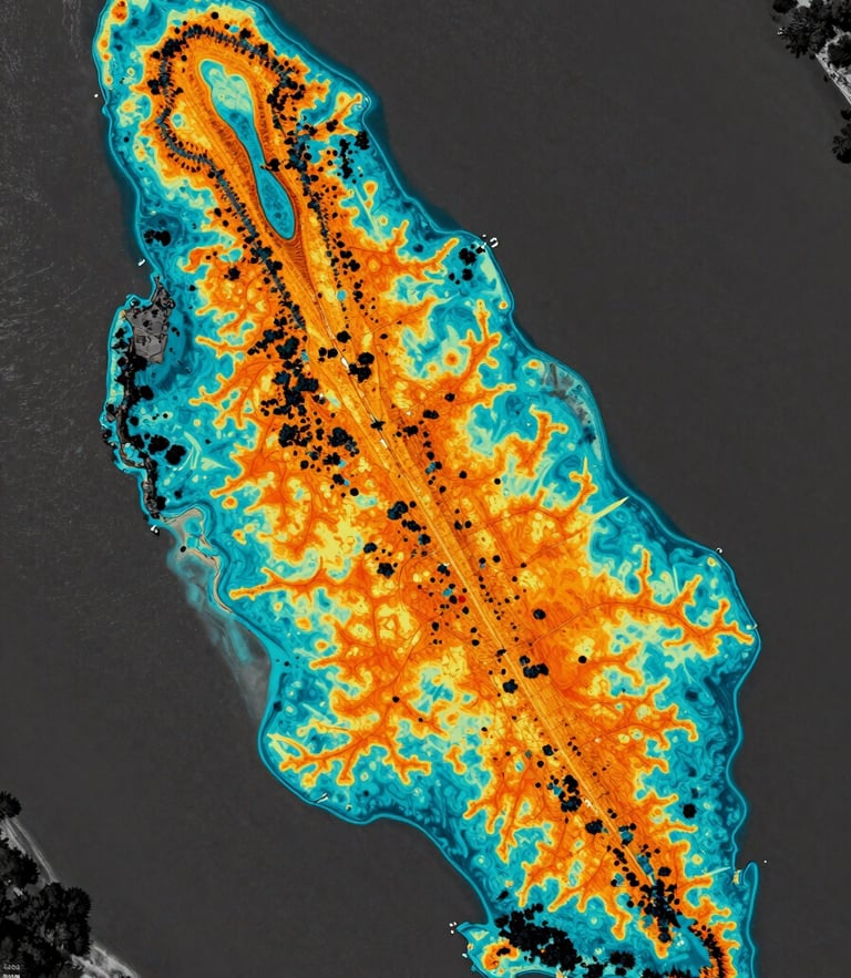 Top-down nadir perspective of a river delta, false-color multi-spectral vegetation heatmap with hyper-cyan and safety-orange vector overlays, sharp scientific data readouts.