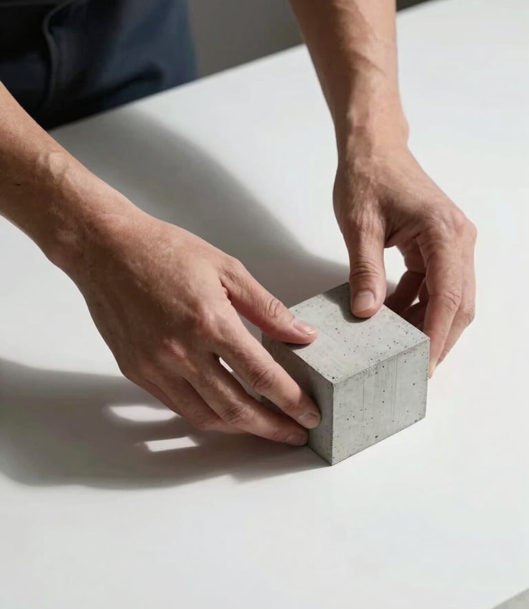 Hands of an architect adjusting a concrete physical model on a clean white table, sharp shadows, minimalist setting
