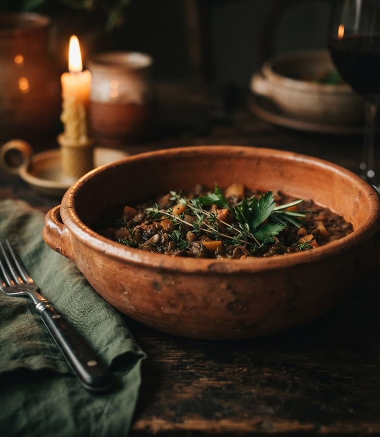 Close-up of textured terracotta tableware with rich shadows, warm golden-hour candlelight, moody editorial style